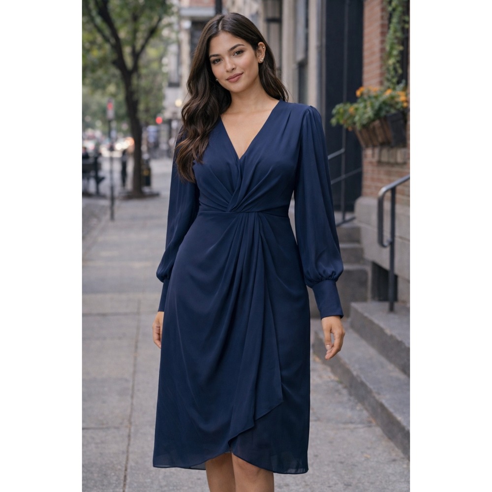 JJ's House Dress Women Formal Dress US 12 Navy Chiffon V-Neck Bishop Sleeve Midi
